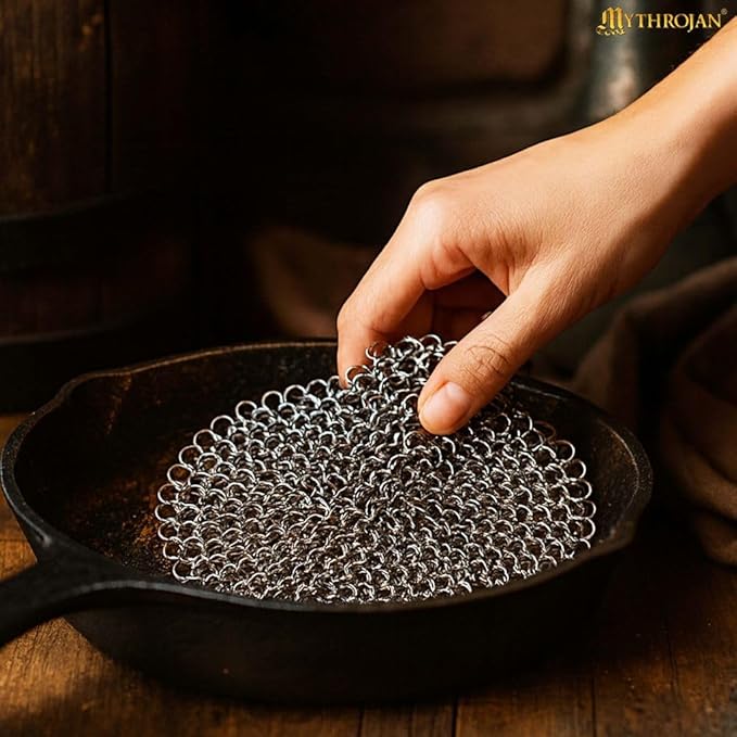 Mythrojan Cast Iron Cleaner 4.5" x 4.5" 316L Stainless Steel Chainmail Scrubber Round For Cast Iron Pan Griddle Skillet Dutch Oven Wok, Pan Pot BBQ Grills
