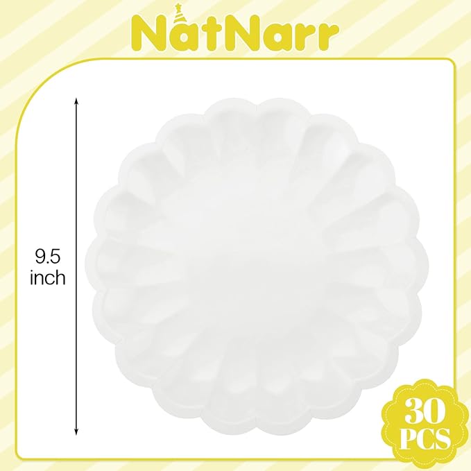 NatNarr 30 Pcs White Paper Plates 9.5 In White Plates Disposable Heavy Duty Scalloped Party Plate with Shell Edge for Wedding Birthday Bridal Shower Girl Baby Shower