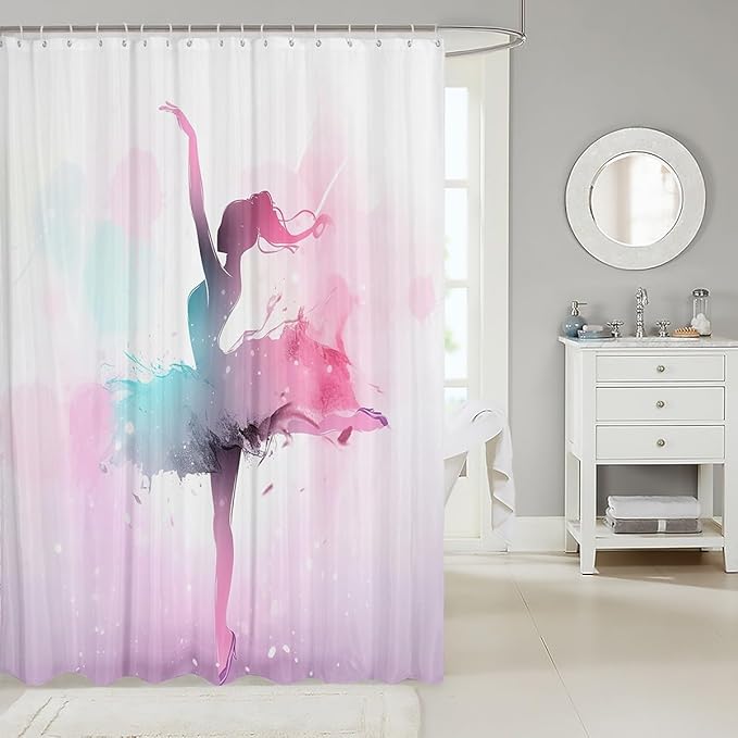 Decorative Ballerina Girl Shower Curtain Waterproof Polyester Fabric,Blue Pink Watercolor Bath Curtain Home Bathroom Decor Hanging Curtain with Hooks 72 x 78 Inch,Machine Washable