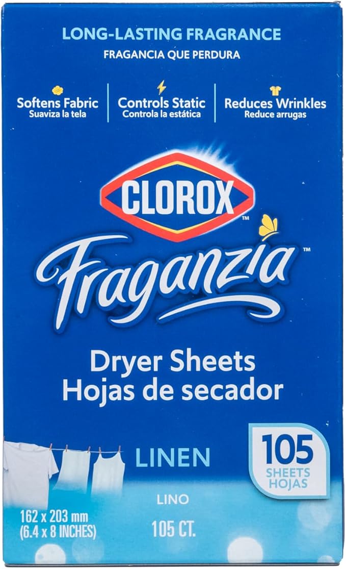 Clorox Fraganzia Fabric Softener Dryer Sheets, Wrinkle Reducing and Anti Static Laundry Dryer Sheets for Great Smelling Clothes, Softens Fabrics, Clean Linen Scent, 105 Count