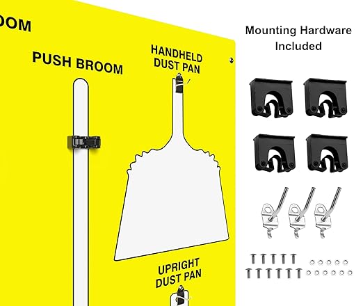 Clean & Sweep 5S Shadow Board/Wall Mount Broom Holder, 68" x 30" Board, 5S Cleaning Station - with Broom and Dustpan Set Included, Made in The USA by AccuformNMC, Yellow/White, PSB116YLWT