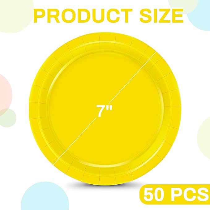 QZYL 50 Pieces Small Paper Plates, 7 Inches Yellow Dessert Dinnerware, Elegant Disposable Tableware Set, Paper Plates Heavy Duty, Party Supplies for Birthday Parties BBQs Picnics Events Gatherings
