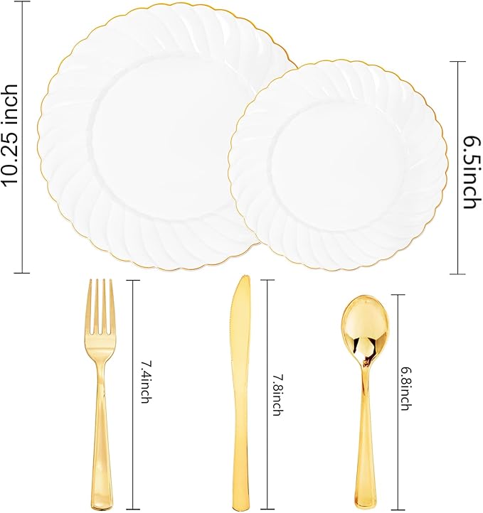 YOUBET 125PCS White Plastic Plates with Gold Rim, Gold Plates Disposable with Golden Silverware Include 25 Dinner Plate 25 Dessert Plate 25 Forks 25 Knives 25 Spoons For Wedding, Parties