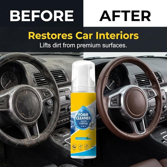 4-in-1 Foam Cleaner Multi Purpose, Rinse-Free Foaming Spray for Car Interior, Kitchen, Bathroom & Upholstery, Portable 5oz Multi-Enzyme Cleaning Kit with Sponge & Towel, 150ml (1 PCS)
