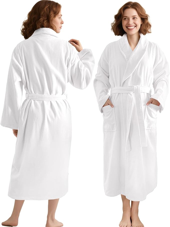 VOOVA & MOVAS Towel Robe for Men Women,Premium 100% Cotton Terry Shawl Collar Super Absorbent Unisex Bathrobe, Ideal Bathroom Robe,White