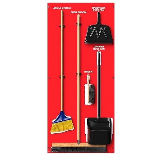 Clean & Sweep 5S Shadow Board/Wall Mount Broom Holder, 68" x 30" Board, 5S Cleaning Station - with Broom and Dustpan Set Included, Made in The USA by AccuformNMC, Red/White, PSB616RDWT