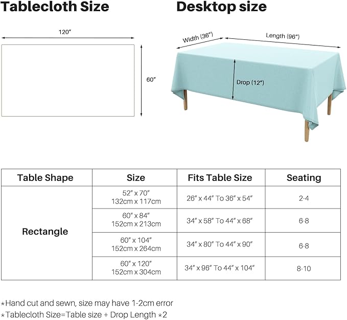 IVAPUPU Textured Linen Table Cloth for Rectangle Table - Light Blue Tablecloths Rectangular Waterproof Wrinkle Free Wipeable Dining Table Cover for Spring Wedding Birthday Kitchen Decor, 60 x 120 Inch