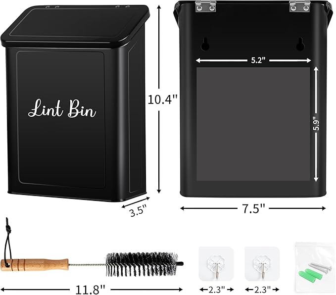 Metal Magnetic Lint Bin for Laundry Room, Wall Mounted Laundry Lint Bin with Lid & Lint Brush, Modern Farmhouse Laundry Room Decor