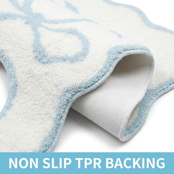 Blue Scalloped U-Shaped Toilet Mat 20x24, Cute Luxury Plush Bath Rug, Soft Absorbent Non-Slip Microfiber Floor Mat for Bathroom Decor and Toilet Base, Machine Washable