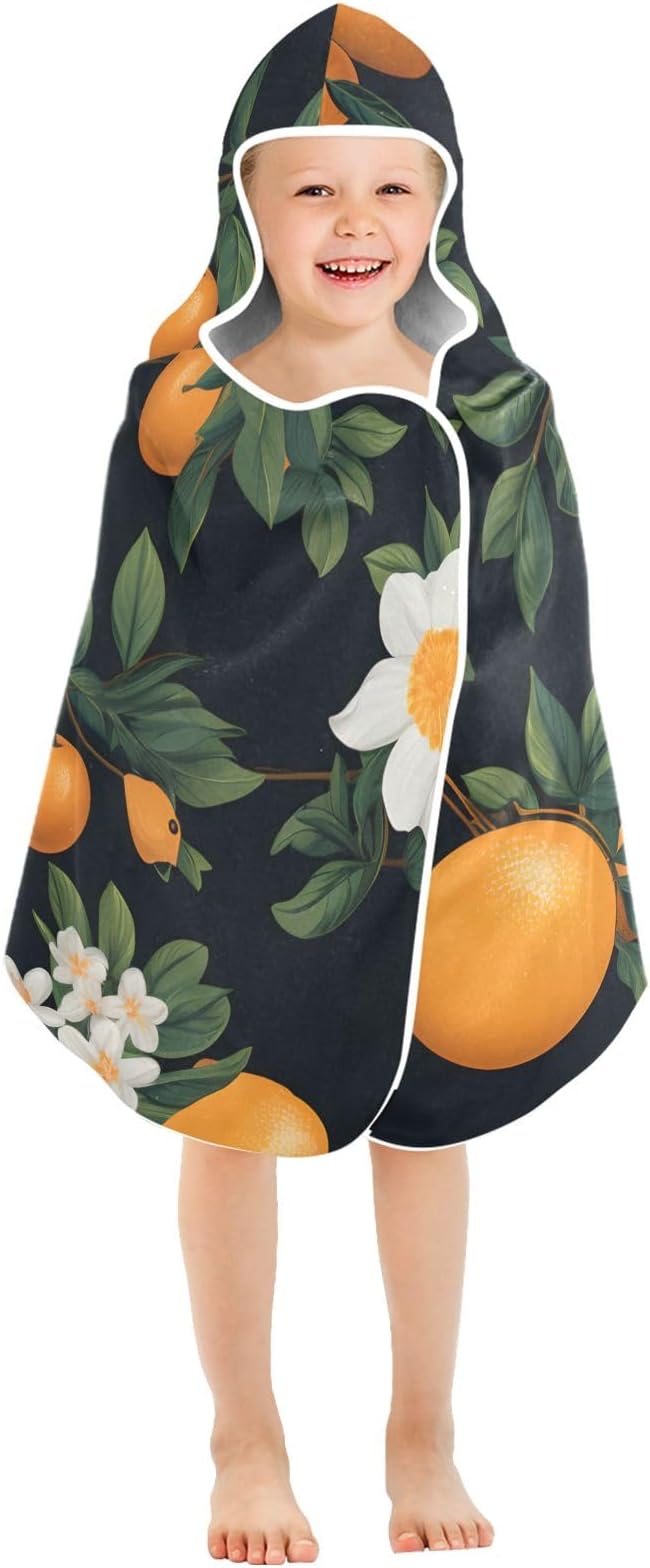 Hooded Towel for Kids Orange Fruit and Flowers Pattern Beach Wrap Bath Towels 50x23.5in
