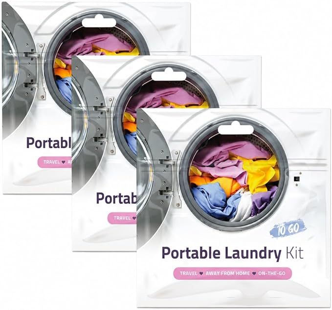 Portable Laundry Kit – Travel Clothes Cleaning Essentials with Liquid Detergent, Stain Remover Wipe, Dryer Sheet & Laundry Bag – Bulk Supply for Motels, Camping & Charities (3 Packs)