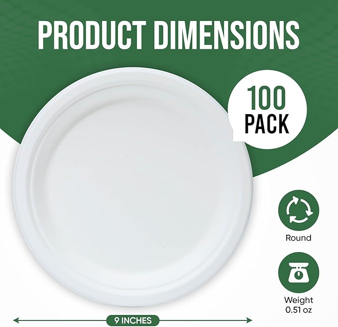 TaidMiao 9 Inch Paper Plates 100 Pack - 100% Compostable Dinnerware | Leak & Grease Resistant Disposable Plates for Parties, Microwavable, Bulk Eco-Friendly - White