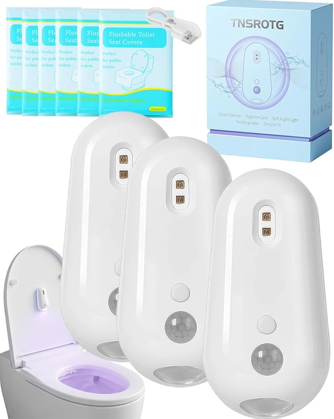 Self Cleaning UV Toilet Sanitizer and Night Light Elderly Motion Activated Rechargeable Toilets Lights Adhesive Sensor Smart Shared Bathroom Automatic Toilet Nightlight Mounted Bowl Seat(3pcs)