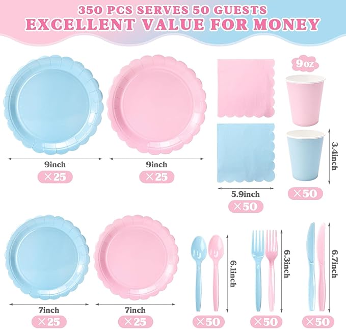 Vyntra 350 Pcs Pink and Blue for Gender Reveal Disposable Party Paper Plates and Napkins Set for 50, 9" Dinner Plates & 7" Dessert Plates, Tableware for Baby Shower, Birthday