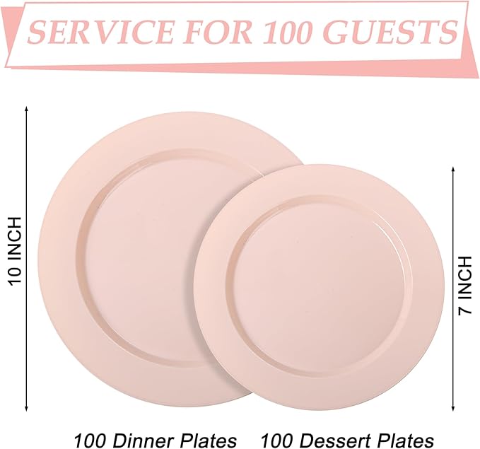 FLOWERCAT 200PCS Pink Plastic Plates Disposable Plates for Party - Heavy Duty Plastic Plates - 100 10" Pink Dinner Plates and 100 7" Pink Salad Plates for Weddings,Parties,Mother's Day