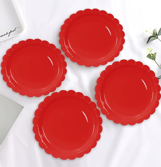 HEIPINIUYE 25 Pieces Red Paper Plates 9 Inch Red Scalloped Plates Disposable Dinner Plate for Wedding Baby Shower Birthday Christmas Party Dessert Plate
