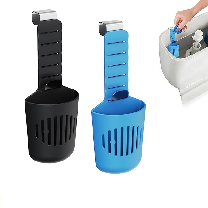 Adjustable Toilet Tank Tablet Holder, Hanging Controlled Release Bleach Tablet Dispenser, Large Silicone Basket Carrier with Rustproof Hooks for Toilet Tank, Fit Up to 7" Water Level,2pcs bla