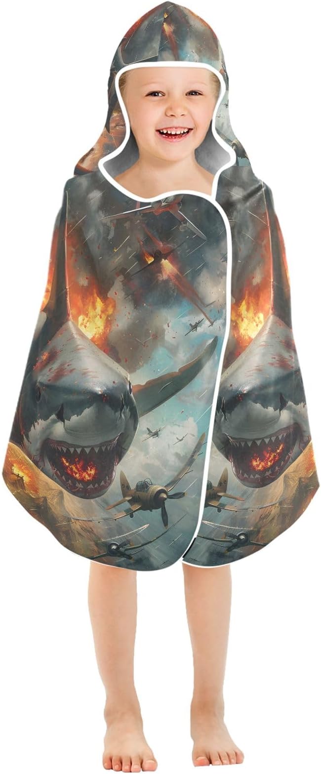 Hooded Towel for Kids Shark and War Fire Beach Wrap Bath Towels 50x23.5in