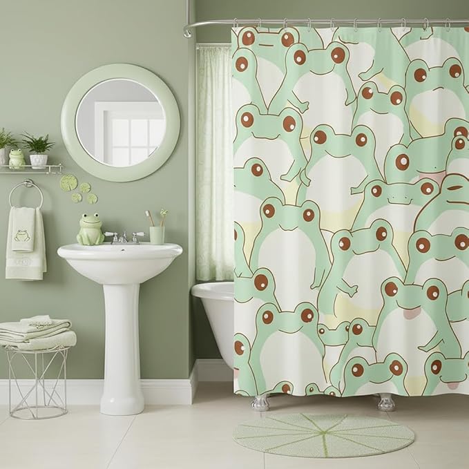 Cute Frog Waterproof Shower Curtains Luxury Heavy Fabric Bathroom Shower Curtain Green Frog Hotel Home Dorm Bathtubs Decor Shower Curtain Machine Washable Grommet Curtain 72 x 84 Inch