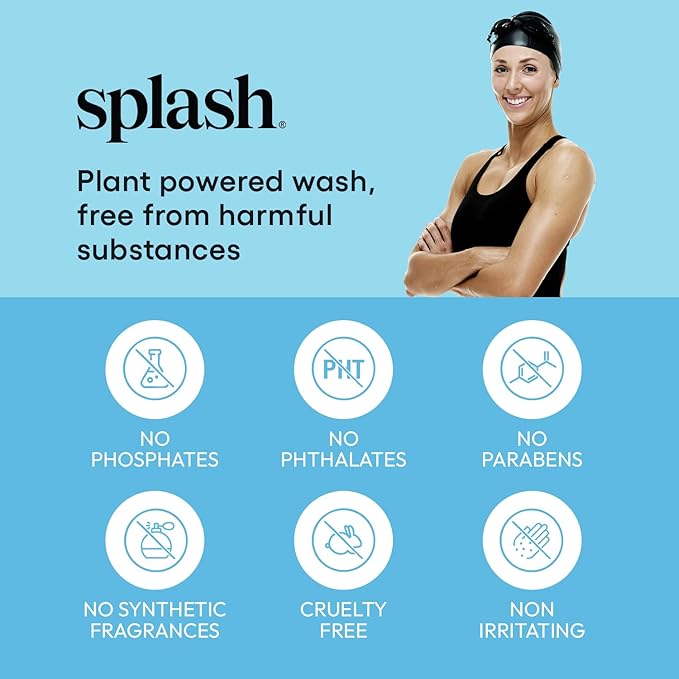 Splash Natural Laundry Detergent for Swimwear, Chlorine Neutralizer Swimsuit Wash, Hypoallergenic Liquid Laundry Detergent, Nontoxic & Color Safe Formula, High Efficiency (HE) Safe, 9.5 oz, 1-Pack
