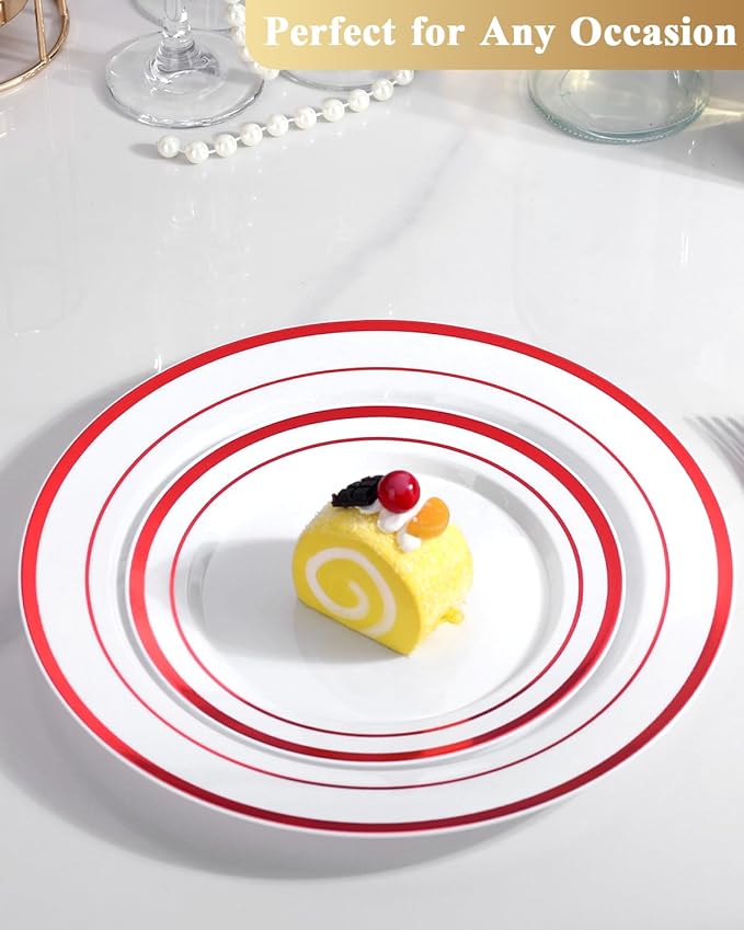 Goodluck 120 Pack Red Rim Plastic Plates - 60 Dinner Plates (10.25") & 60 Dessert Plates (7.5") - Heavy Duty Disposable White Plates with Elegant Red Trim - Premium Dinnerware Set for Wedding