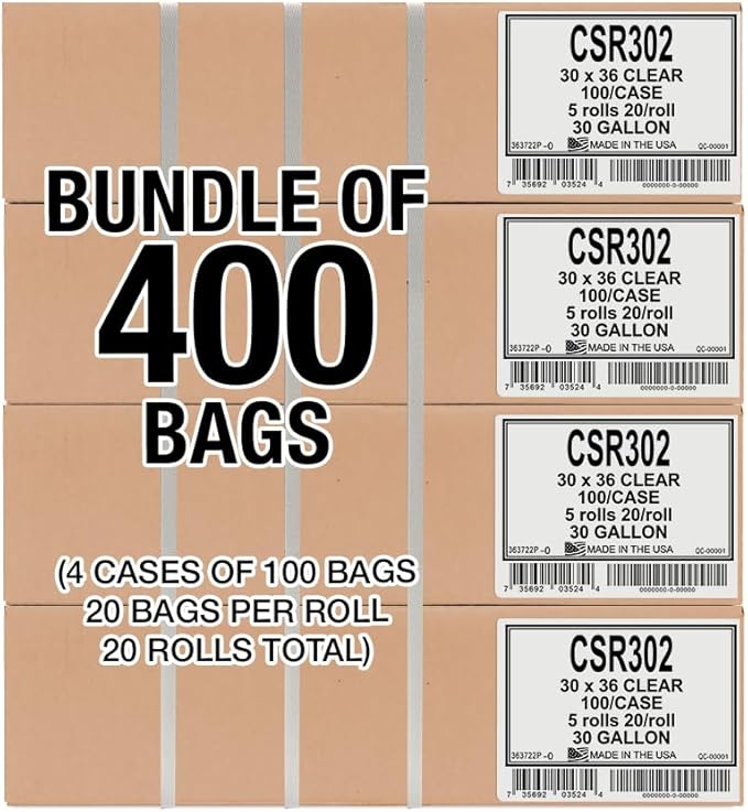Aluf Plastics 20-30 Gallon 1.5 MIL (eq) Clear Heavy Duty Garbage Bags - 30" x 36" - Pack of 400 - for Industrial, Recycling, Storage, & Outdoor