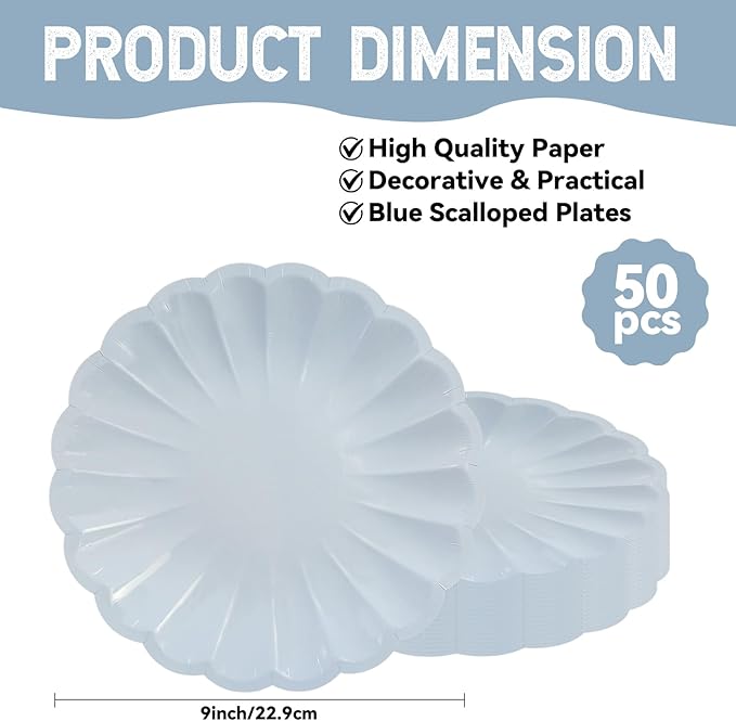 50Pcs Large Scalloped Light Blue Paper Plates 9Inch Shell Edge Dinner Plates for Cake Salad Fruit Disposable Dinner Serving Plates for Birthday Wedding Baby Shower Party Decorations