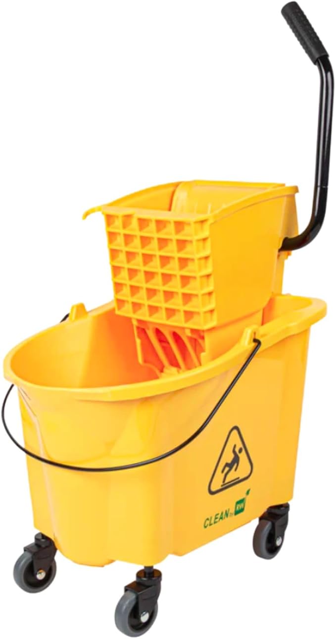 Restaurantware RW Clean 38 Quart Industrial Mop Bucket 1 Combo Mop Wringer Bucket - With Side Press Wringer Built-In Casters Yellow Plastic Commercial Mop Bucket Carry Handle For Commercial Use
