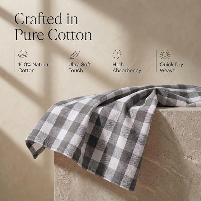 Urban Villa Kitchen Towels Set of 6 Buffalo Checks Grey/White Kitchen Towels 20X30 Inches 100% Cotton Highly Absorbent Kitchen Towels Premium Quality Ultra Soft Mitered Corners KitchenTowels