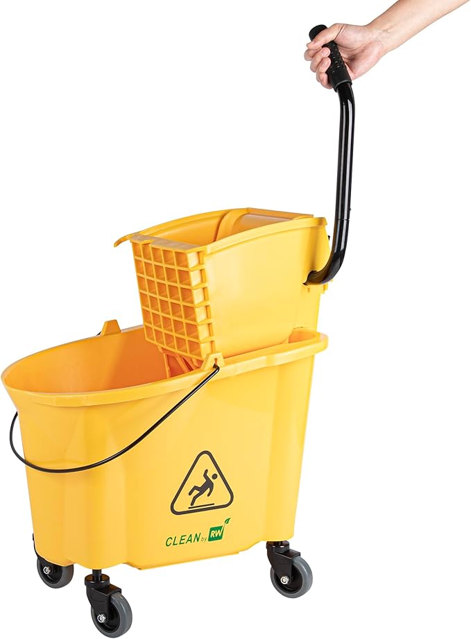 Restaurantware RW Clean 38 Quart Industrial Mop Bucket 1 Combo Mop Wringer Bucket - With Side Press Wringer Built-In Casters Yellow Plastic Commercial Mop Bucket Carry Handle For Commercial Use