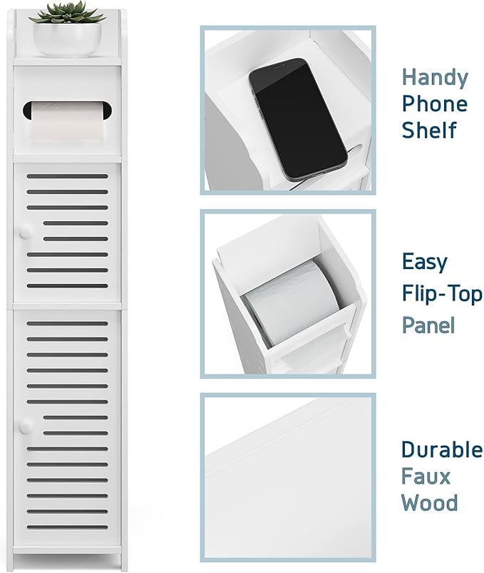 Bathroom Storage Organizer - Floor Standing with Shelves - Includes 2 Apothecary Jars - Tall Bathroom Storage Cabinet for Toilet Paper, Towel & Other Bathroom Storage Accessories - White