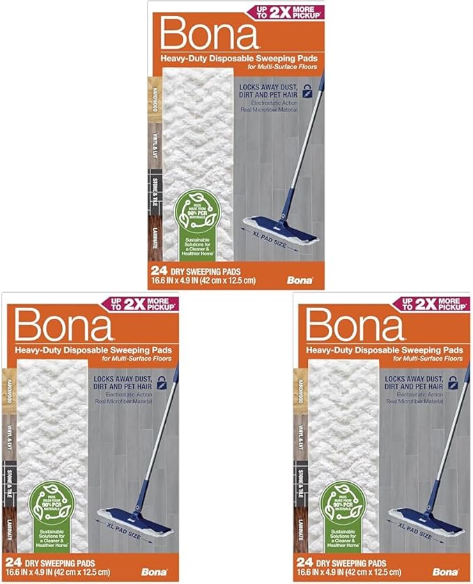 Bona Sweeping Pads for Multi-Surface Floors - Heavy-Duty & Disposable XL Microfiber Pads Sweep Away Dust, Dirt, & Pet Hair (Pack of 72)