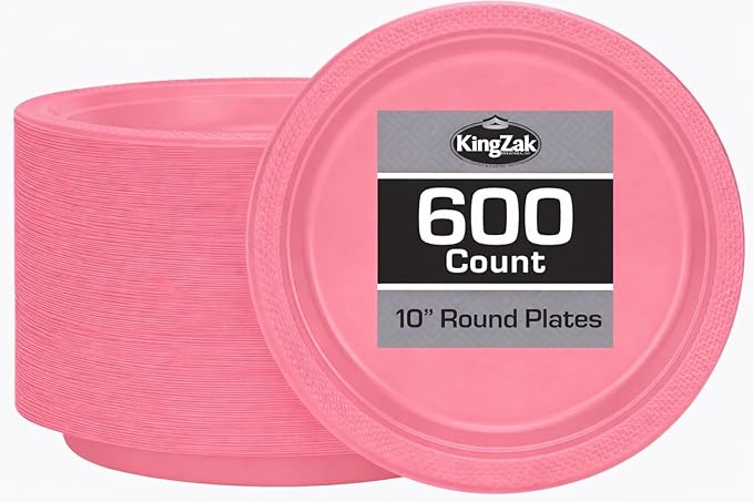 Hanna K. Signature Pink Plastic Plates 10 Inch 600 Count – Heavy Duty Disposable Dinner Plates Bulk for Catering, Weddings & Events