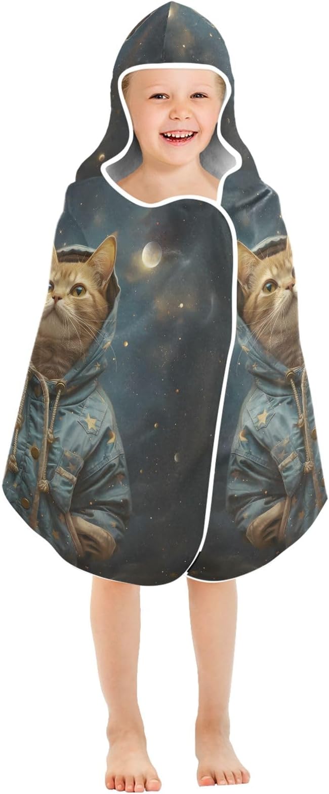 Hooded Towel for Kids Cat Standing in Space Beach Wrap Bath Towels 50x23.5in