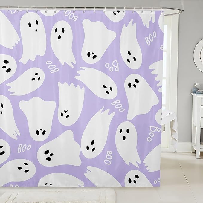 Purple Cartoon Style Bathroom Curtains for Kids Teens Adults,Halloween Theme Shower Curtains,Kawaii Ghost Bath Curtains with 12 Hooks,Waterproof,72" W x 78" L
