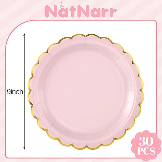 NatNarr 30 Pcs Pink Paper Plates 9 Inch Scalloped Pink and Gold Party Plates Cute Birthday Dessert Cake Plate for Girls Birthday, Baby Bridal Shower, Tea Party, Mothers Day