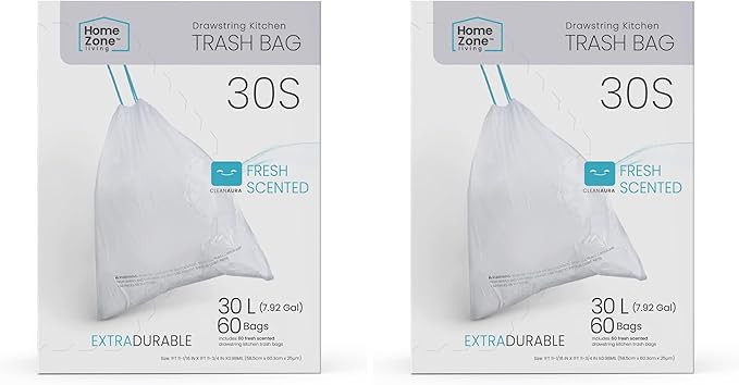 Home Zone Living 8 Gallon Kitchen Trash Bags with Drawstring Handles, Heavy Duty Custom Fit Design for Standard 30 Liter Kitchen Trash Cans, Code 30S, 60 Count (Pack of 2)