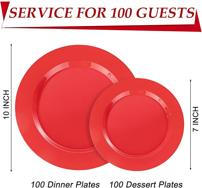 FLOWERCAT 200PCS Red Plastic Plates Disposable Plates for Party - Heavy Duty Plastic Plates - 10" &7" Plate for 100 Guests Parties and Events &July 4th