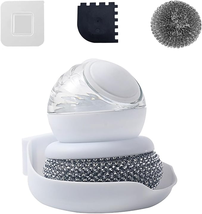 Dish Brush with Soap Dispenser, Steel Wool Scrubber with Replaceable Steel Wool, Pan Scraper and PET Scouring Pad, Wire Brush for Cleaning Cast Iron, Grill Pans, Stock Pots, Grills, Sinks (White)