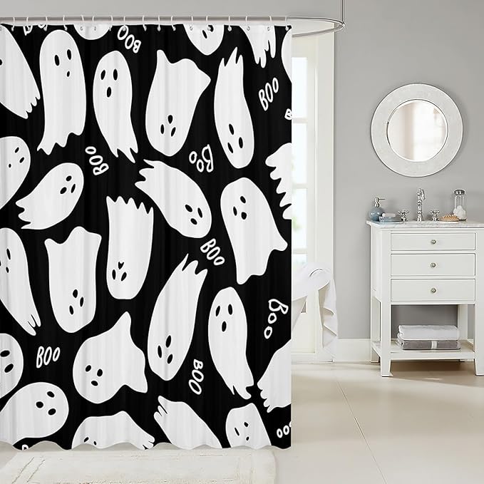 Cartoon Halloween Ghost Shower Curtains,Black White Bath Curtain,Kids Cartoon Style Bathroom Decor Set with 12 Hooks for Bathtub,72" Long