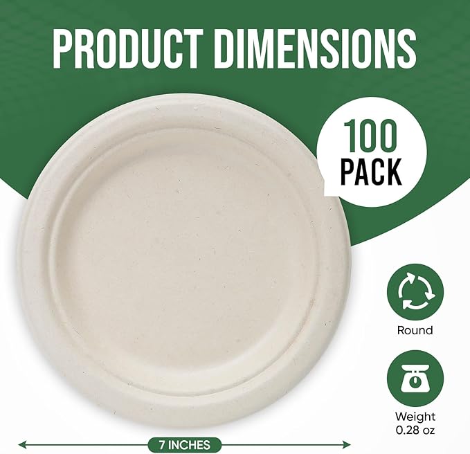 TaidMiao 7 Inch Paper Plates 100 Pack - 100% Compostable Disposable Plates, Heavy Duty Dessert Plates, Biodegradable Sugarcane Plates for Party (Microwavable, Oil/Water Proof, Eco-Friendly, Brown)