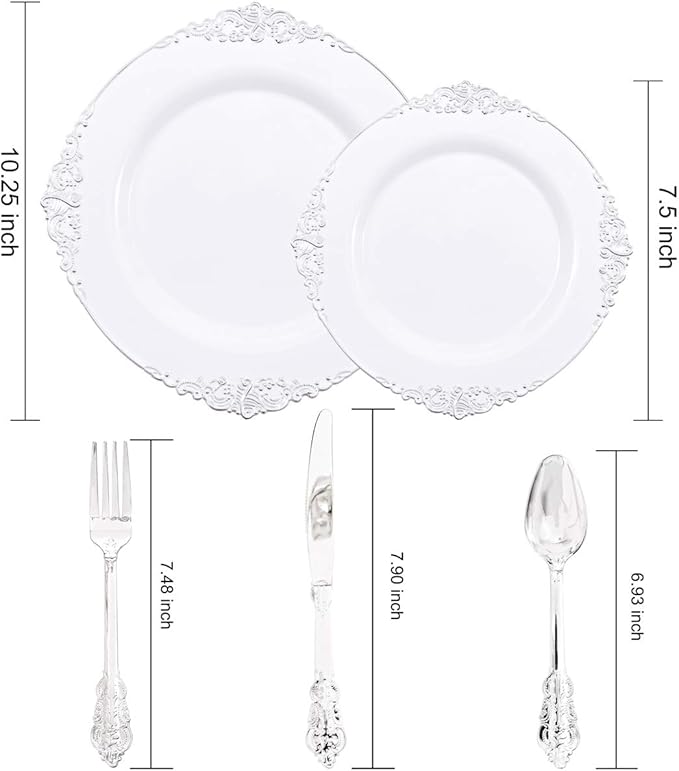 Liacere 150PCS Silver Plastic Plates with Silver Cutlery - Disposable Plastic Plates Include 30Dinner Plate, 30Dessert Plate, 30Knives, 30Spoons, 30Forks - Ideal for Wedding & Party