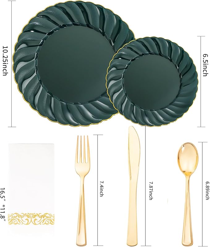 YOUBET 150PCS Emerald Green Plastic Plates - Green and Gold Disposable Dinnerware Include 50 Plates, 25 Knives, 25 Forks, 25 Spoons, 25 Napkins Ideal for Party & Wedding