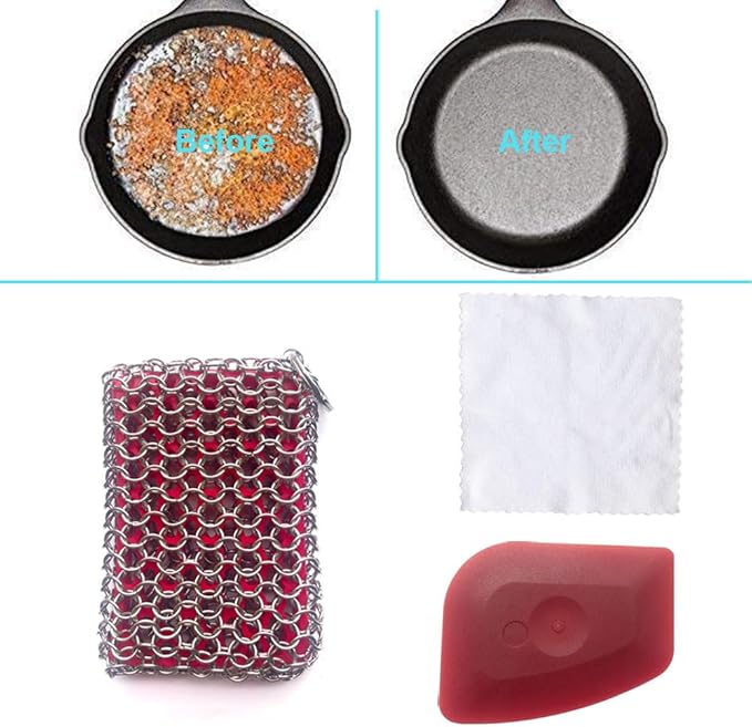 Cast Iron Skillet Cleaner, 316 Chainmail Scrubber Built-in Silicone Cast Iron Cleaner for Cast Irons Grill Pan Skillet Wok Bakeware Easy to Use Dishwasher Safe, Scrubber + Scraper + Towel