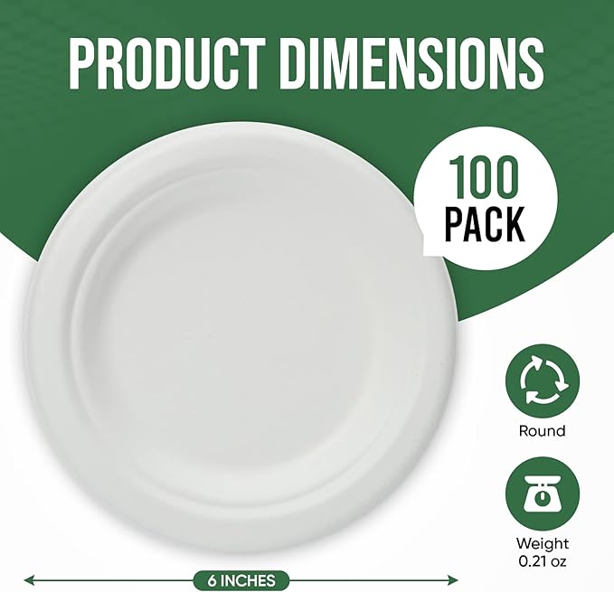 TaidMiao Dessert Plates, 100 Pack Small Paper Plates, Paper Plates 6 Inch – 100% Compostable Plates, Water & Oil Proof Disposable Plates, Microwavable Perfect Paper Plate For Party - White