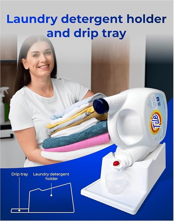 Skywin TidyFriend Liquid Laundry Detergent Holder Stand with Strap, Drip Tray & Rubber Feet, Stand for Laundry Room Organization and Storage, Fabric Softener Dispenser Holder for Easy Pouring (White)