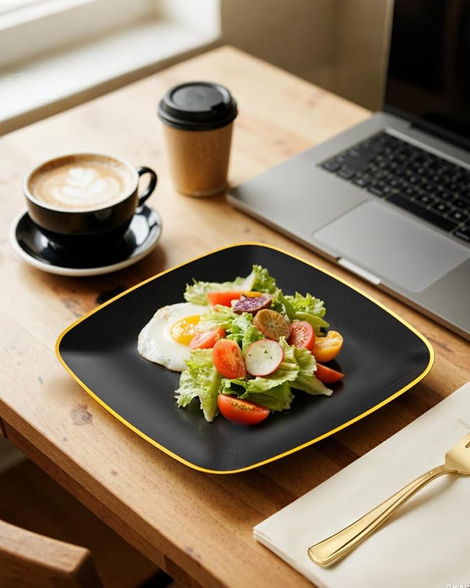 bUCLA 100PCS Black Plastic Plates with Gold Trim - Heavy Duty Black Gold Square Plates Disposable - Include 50 Each (Dinner & Dessert) for Party & Graduation