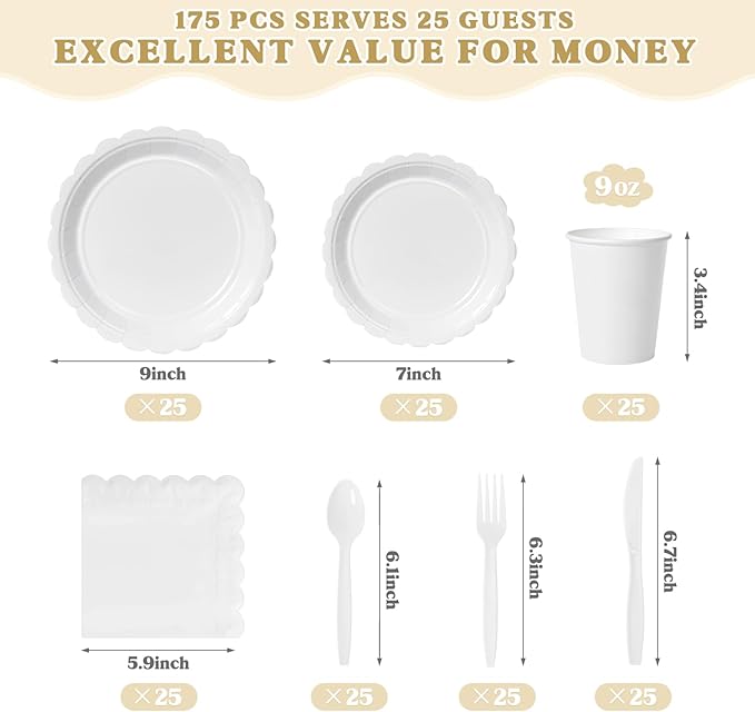 Vyntra 175 Pcs White Disposable Paper Plates and Napkins Set for 25, 9" Dinner Plates & 7" Dessert Plates, Tableware for Wedding, Bridal Shower, Birthday, Party
