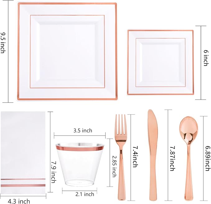 Festiva 350Pcs Rose Gold Plates and Napkins Party Supplies-Square White and Rose Gold Disposable Dinnerware include Plates Cups Cutlery Napkins for 50 Guests Wedding &Mother's Day&Birthday Party