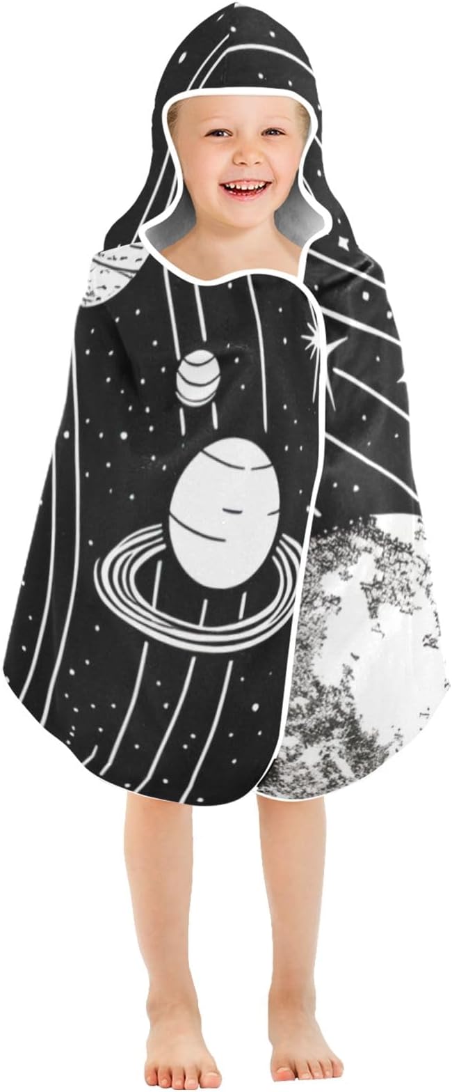 Hooded Towel for Kids Black and White Drawing of The Solar System Beach Wrap Bath Towels 50x23.5in